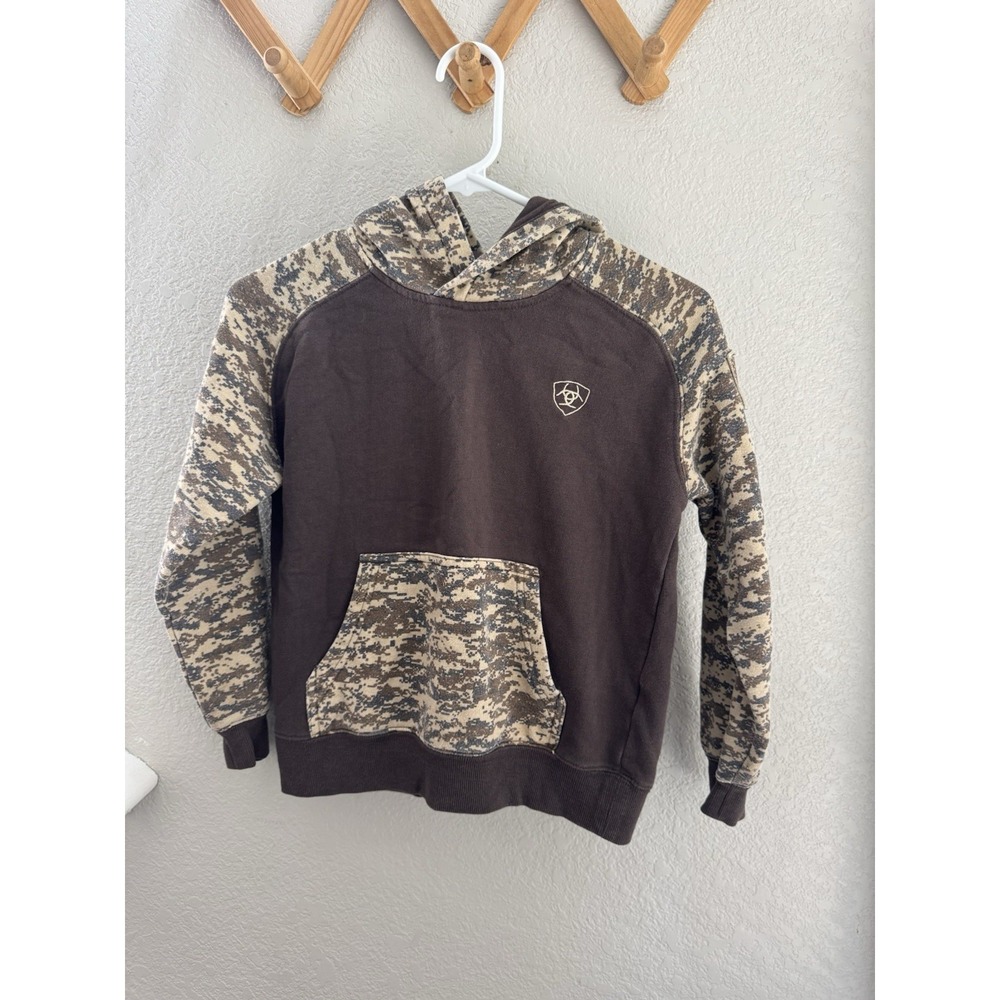 Ariat Hoodie Brown Digital Camo Pullover Logo Western Sweatshirt Boys Small 8